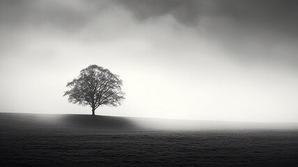 Fototapeta premium a lonely tree in a field without leaves fog branches.