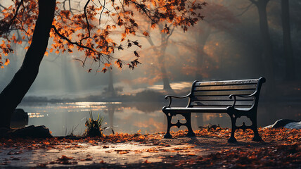 a bench in an autumn park landscape in the morning fog and tranquility background with a copy of space.