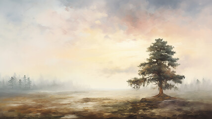 vintage oil painting sunset lonely tree nature landscape.