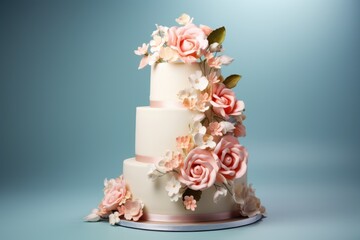 A wedding cake against a clean and bright backdrop