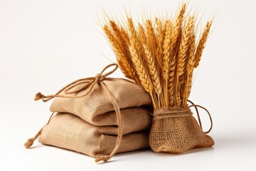 Sack of wheat and ears of wheat on a white background. Quality products, healthy eating