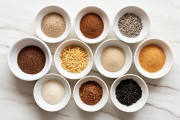 Set of white bowls with various grains. Ears of wheat. Healthy eating concept