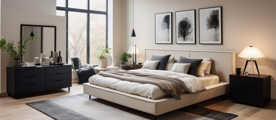 Cozy bedroom with carpet wooden bed and nightstands