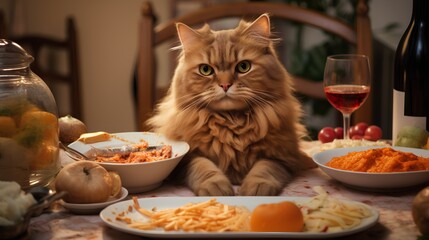 Fototapeta premium Domestic cat with human food in kitchen. Pet sitting on chair and enjoys classic owner food from plates. Nutritious and complex meal with drink.