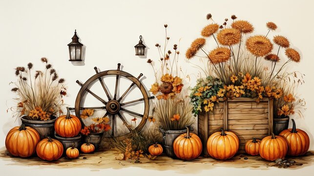  a painting of pumpkins and a wagon with a wheel.  generative ai