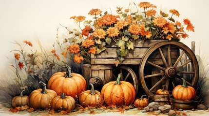  a painting of a wagon with pumpkins and flowers in it.  generative ai - obrazy, fototapety, plakaty