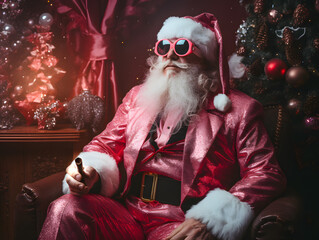 Trendy Santa Claus with sunglasses, shiny suit and cigar sitting in a decorated living room with Christmas tree. Creative New Year and xmas holiday concept banner. 