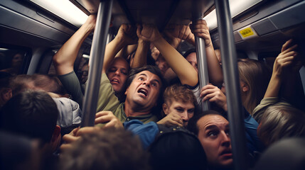 foule de personnes entassées dans un wagon de métro à l'heure de pointe - obrazy, fototapety, plakaty