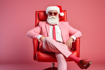 Stylish Santa Claus with glasses and red suit sitting like a Boss in the armchair. Creative New Year and xmas holiday pastel green background banner.  - obrazy, fototapety, plakaty
