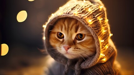 Cat in cozy winter hat with warm light in background and golden hour lighting. The cute kitty with knitted hat in cold and windy season for funny comfort topic.