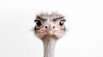 Foto op Canvas Portrait of ostrich bird head and neck  (Struthio camelus), is a species of large flightless bird native to certain large areas of Africa on white background © chiew