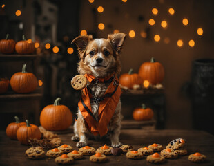 Perro pequeño blanco y marrón con un disfraz de halloween naranja al lado de una galleta de chocolate sobre un fondo naranja con luces de colores y calabaza.