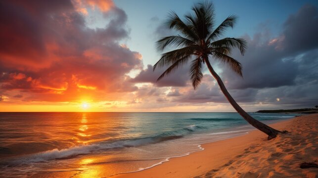 Sunset on the beach with a palm tree