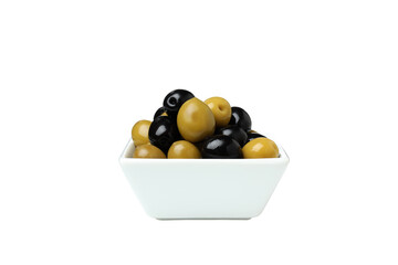 PNG,green and black olives in a bowl, isolated on white background