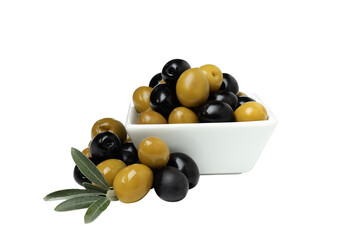 PNG,green and black olives in a bowl, isolated on white background