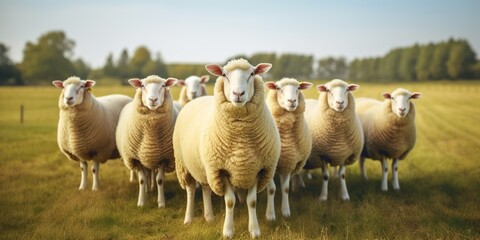 Fototapeta premium AI Generated. AI Generative. Group of sheeps standing on grass field looking at camera. Graphic Art