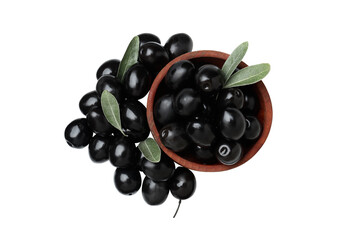 PNG,black olives in a wooden bowl, isolated on white background