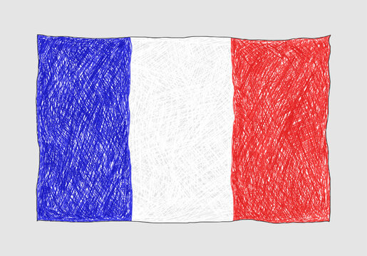 Flag of France drawn in children's style with pencils, kids drawings