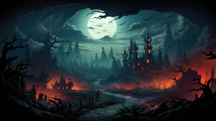 Obraz premium ark eerie mansion, glowing windows against spooky Halloween background. Photorealistic depiction