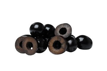 PNG,black olives cut into slices, isolated on white background