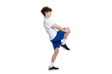 PNG, teenage boy in sportswear doing warm up, isolated on white background.