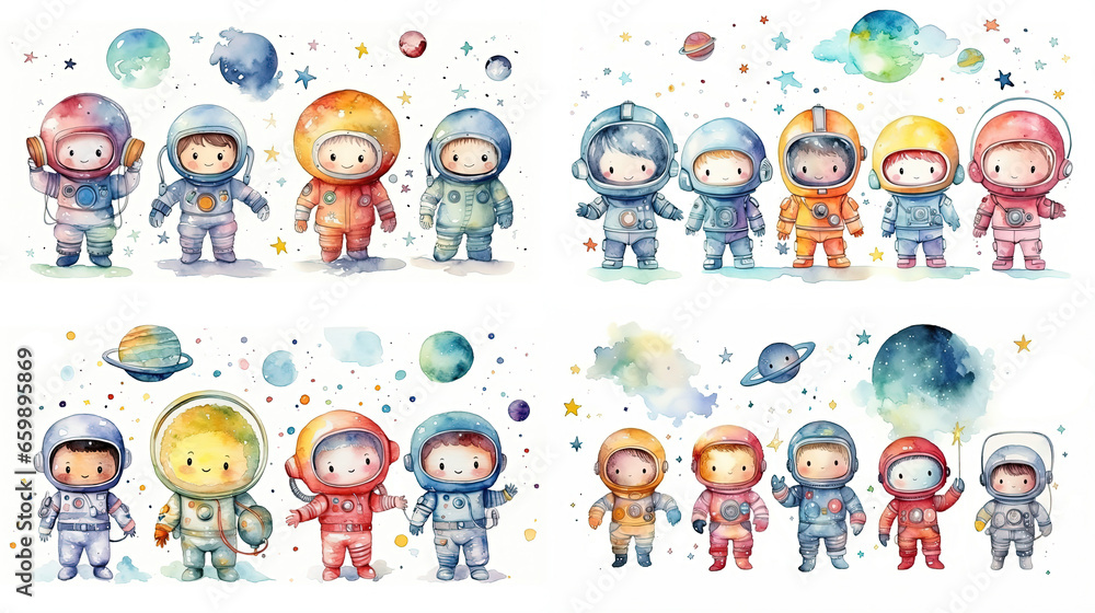 Wall mural watercolor style cartoon illustration of cute kid wearing spacesuit explore in outer space with plan
