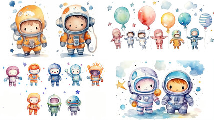watercolor style cartoon illustration of cute kid wearing spacesuit explore in outer space with planet, balloons and star, isolated on white background, collection set, Generative Ai
