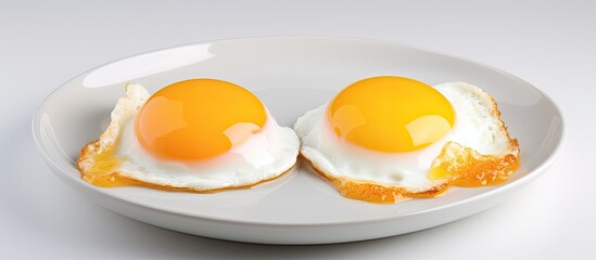 Unusual chicken health with broken egg s double yolk on white plate With copyspace for text