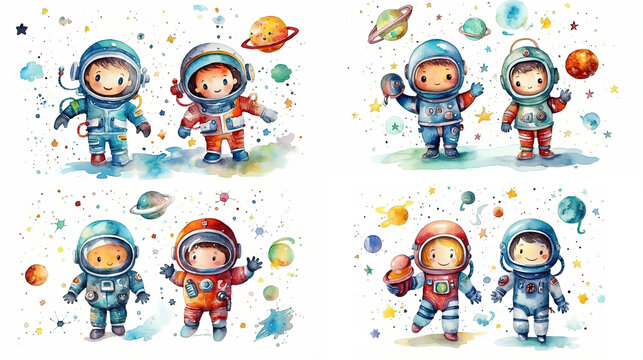 watercolor style cartoon illustration of cute kid wearing spacesuit explore in outer space with planet, balloons and star, isolated on white background, collection set, Generative Ai