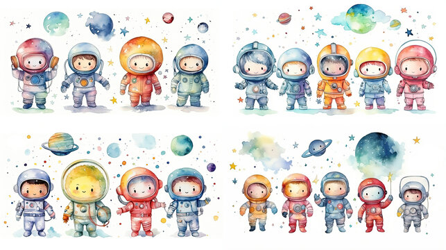watercolor style cartoon illustration of cute kid wearing spacesuit explore in outer space with planet, balloons and star, isolated on white background, collection set, Generative Ai