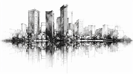 black and white sketch city with reflection drawing in watercolor pencil.