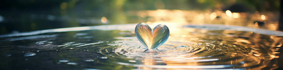 Fototapeta premium yellow leaf in the shape of a heart froze falls into the water in a puddle circles the concept of love autumn seasonal.