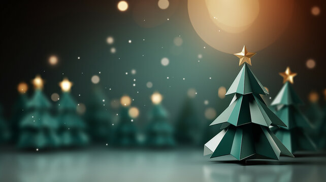 Fototapeta polygonal simple christmas background with green christmas tree and copy space minimalism greeting card.