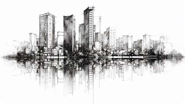 Black And White Sketch City With Reflection Drawing In Watercolor Pencil.