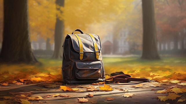 vintage backpack in the autumn park with yellow leaves autumn journey.