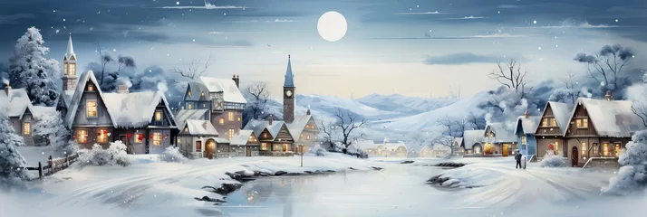 Foto op Plexiglas Santas sleigh over snow-clad village watercolor painting background with empty space for text  © fotogurmespb