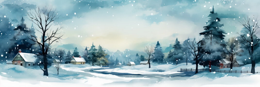 Watercolor snowy landscapes Christmas background with empty space for text 