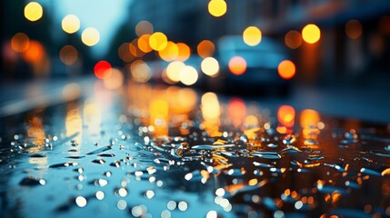 Beautiful Rain drops of water on the windshield of the car with the glass cleaners turned on, during a thunderstorm and rain in the night city. front and back background blurred, bokeh blur - obrazy, fototapety, plakaty