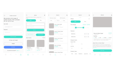 Real State, Buy and rent House, apartment, garage, flat and properties blue Mobile app Ui Kit Template
