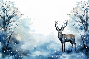 Winter wildlife watercolor illustrations Christmas themed background with empty space for text 