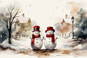 Obraz premium Children building snowmen watercolor depiction in Christmas attire background with empty space for text 