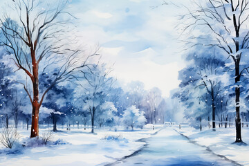 Ice-skating scenes in watercolor snowy park during Christmas background with empty space for text 