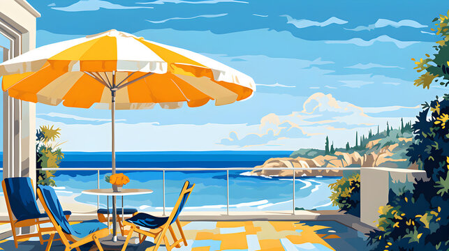 Amazing view from terrace on the beach , AI generated image in art deco style