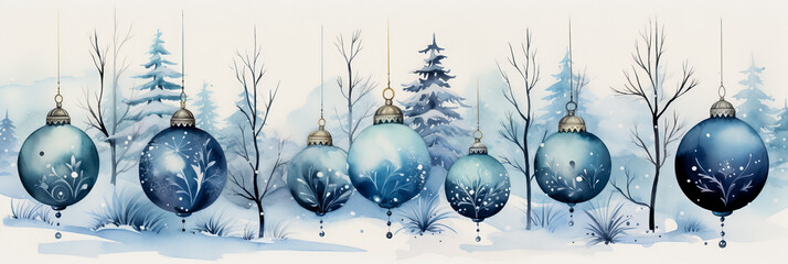 Delicate watercolor Christmas ornaments nestled among snowy winter landscapes 