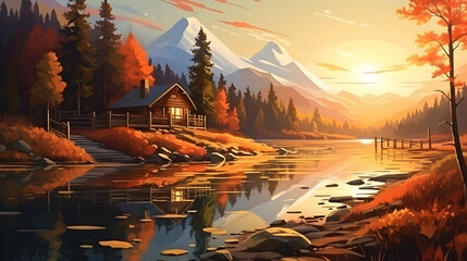 Amazing view on the wooden cabin in the mountain forest, AI generated image in art deco style - obrazy, fototapety, plakaty