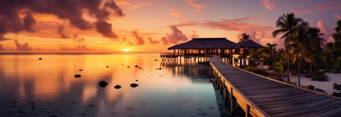 Spectacular sunrise at luxury resort villas on amazing tropical islands