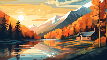 Amazing view on the wooden cabin in the mountain forest, AI generated image in art deco style