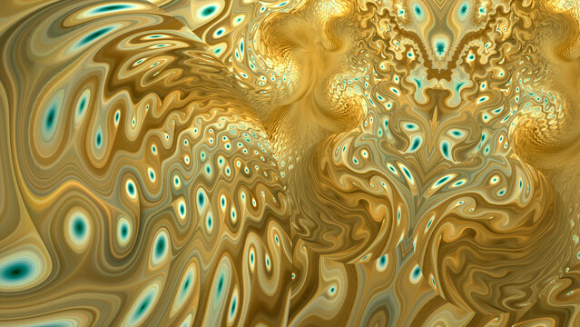 Fototapeta Abstract fractal art background. Golden wavy vortex effect, like paint marbling.