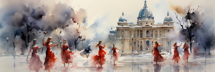 Angelic figures in Christmas pageantry showcased in snowy watercolor landscapes 
