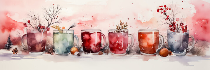 Watercolor hot Christmas beverages in a winter setting background with empty space for text  - obrazy, fototapety, plakaty